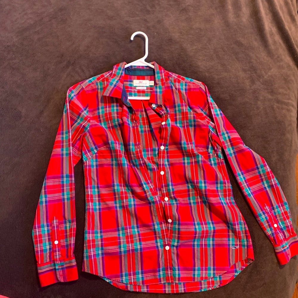 Vineyard Vines Jolly Plaid Button Shirt Red Tartan Plaid Cashmere Blend Size 8
